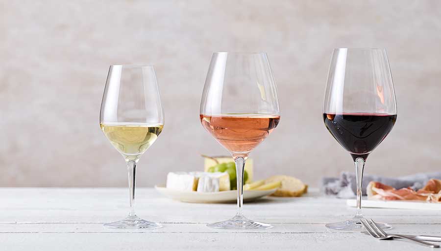 Red white and rose wine in glasses
